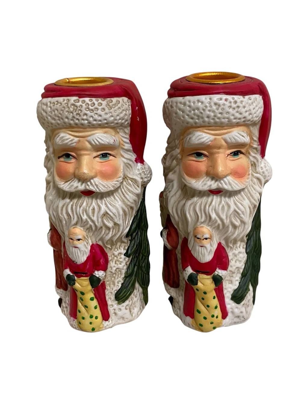 Vintage set of 2 old world Santa Clause Christmas ceramic taper candle holders